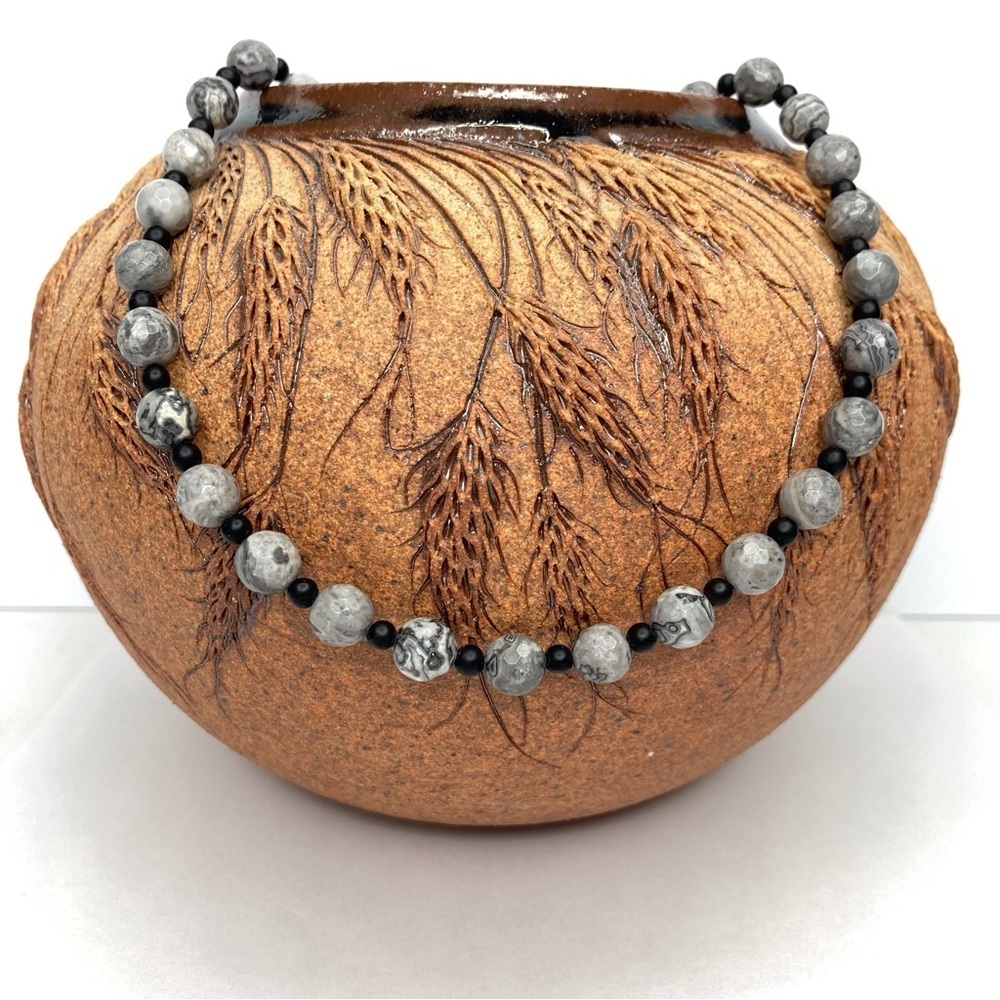 Faceted Snowflake Obsidian & Black Onyx Gemstone Necklace 23" 8mm Hand Crafted